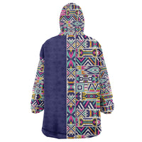 African Ndebele Art Patterns Wearable Blanket Hoodie Navy Blue Half Style