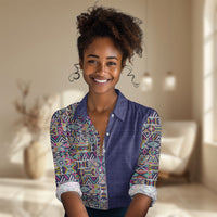 African Ndebele Art Patterns Women Casual Shirt Navy Blue Half Style