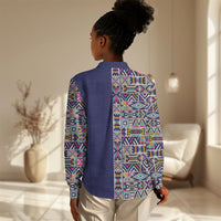 African Ndebele Art Patterns Women Casual Shirt Navy Blue Half Style