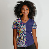 African Ndebele Art Patterns Women V-Neck T-Shirt Navy Blue Half Style