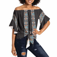 African Ndebele Traditional Attire Off Shoulder Wrap Waist Top Black Ndebele Stripe