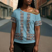 African Ndebele Traditional Attire Cross Shoulder Shirt Blue Ndebele Stripe