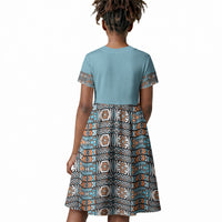 African Ndebele Traditional Attire Kid Short Sleeve Dress Blue Ndebele Stripe