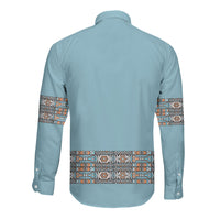 African Ndebele Traditional Attire Long Sleeve Button Shirt Blue Ndebele Stripe