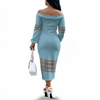 African Ndebele Traditional Attire Off The Shoulder Long Sleeve Dress Blue Ndebele Stripe