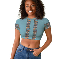 African Ndebele Traditional Attire Raglan Cropped T shirt Blue Ndebele Stripe