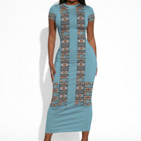 African Ndebele Traditional Attire Short Sleeve Bodycon Dress Blue Ndebele Stripe
