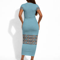 African Ndebele Traditional Attire Short Sleeve Bodycon Dress Blue Ndebele Stripe