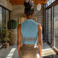 African Ndebele Traditional Attire Women Sleeveless Polo Shirt Blue Ndebele Stripe