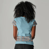 African Ndebele Traditional Attire Women V-Neck T-Shirt Blue Ndebele Stripe