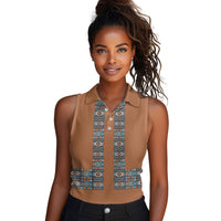 African Ndebele Traditional Attire Women Sleeveless Polo Shirt Brown Ndebele Stripe