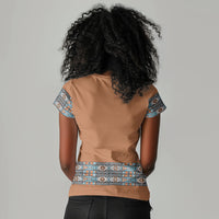African Ndebele Traditional Attire Women V-Neck T-Shirt Brown Ndebele Stripe