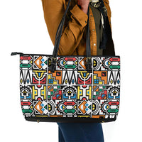 African Geometric Ndebele Patterns Leather Tote Bag