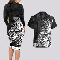 Polynesian Sunset Plumeria Couples Matching Long Sleeve Bodycon Dress and Hawaiian Shirt Pacific Island Tribal Black Style LT9 - Wonder Print Shop