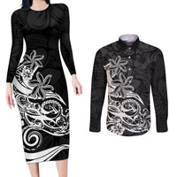 Polynesian Sunset Plumeria Couples Matching Long Sleeve Bodycon Dress and Long Sleeve Button Shirts Pacific Island Tribal Black Style LT9 - Wonder Print Shop