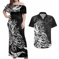 Polynesian Sunset Plumeria Couples Matching Off Shoulder Maxi Dress and Hawaiian Shirt Pacific Island Tribal Black Style LT9 - Wonder Print Shop
