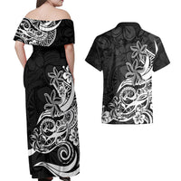 Polynesian Sunset Plumeria Couples Matching Off Shoulder Maxi Dress and Hawaiian Shirt Pacific Island Tribal Black Style LT9 - Wonder Print Shop