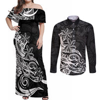 Polynesian Sunset Plumeria Couples Matching Off Shoulder Maxi Dress and Long Sleeve Button Shirts Pacific Island Tribal Black Style LT9 - Wonder Print Shop