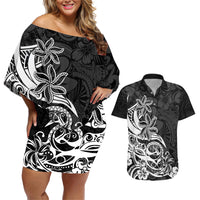 Polynesian Sunset Plumeria Couples Matching Off Shoulder Short Dress and Hawaiian Shirt Pacific Island Tribal Black Style LT9 - Wonder Print Shop