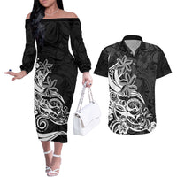 Polynesian Sunset Plumeria Couples Matching Off The Shoulder Long Sleeve Dress and Hawaiian Shirt Pacific Island Tribal Black Style LT9 - Wonder Print Shop