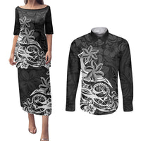 Polynesian Sunset Plumeria Couples Matching Puletasi Dress and Long Sleeve Button Shirts Pacific Island Tribal Black Style LT9 - Wonder Print Shop