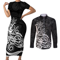 Polynesian Sunset Plumeria Couples Matching Short Sleeve Bodycon Dress and Long Sleeve Button Shirts Pacific Island Tribal Black Style LT9 - Wonder Print Shop