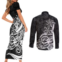 Polynesian Sunset Plumeria Couples Matching Short Sleeve Bodycon Dress and Long Sleeve Button Shirts Pacific Island Tribal Black Style LT9 - Wonder Print Shop