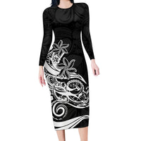 Polynesian Sunset Plumeria Long Sleeve Bodycon Dress Pacific Island Tribal Black Style - Wonder Print Shop