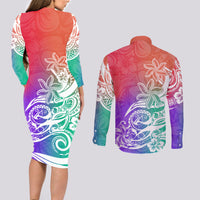 Polynesian Sunset Plumeria Couples Matching Long Sleeve Bodycon Dress and Long Sleeve Button Shirts Pacific Island Tribal Blossom Style LT9 - Wonder Print Shop