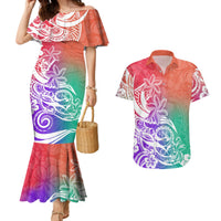 Polynesian Sunset Plumeria Couples Matching Mermaid Dress and Hawaiian Shirt Pacific Island Tribal Blossom Style LT9 - Wonder Print Shop