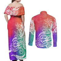 Polynesian Sunset Plumeria Couples Matching Off Shoulder Maxi Dress and Long Sleeve Button Shirts Pacific Island Tribal Blossom Style LT9 - Wonder Print Shop