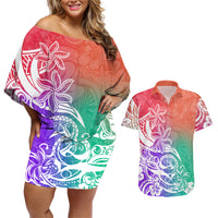 Polynesian Sunset Plumeria Couples Matching Off Shoulder Short Dress and Hawaiian Shirt Pacific Island Tribal Blossom Style LT9 - Wonder Print Shop