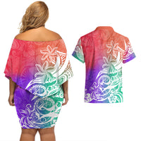 Polynesian Sunset Plumeria Couples Matching Off Shoulder Short Dress and Hawaiian Shirt Pacific Island Tribal Blossom Style LT9 - Wonder Print Shop