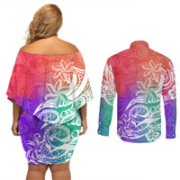 Polynesian Sunset Plumeria Couples Matching Off Shoulder Short Dress and Long Sleeve Button Shirts Pacific Island Tribal Blossom Style LT9 - Wonder Print Shop