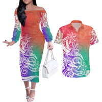 Polynesian Sunset Plumeria Couples Matching Off The Shoulder Long Sleeve Dress and Hawaiian Shirt Pacific Island Tribal Blossom Style LT9 - Wonder Print Shop