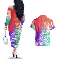 Polynesian Sunset Plumeria Couples Matching Off The Shoulder Long Sleeve Dress and Hawaiian Shirt Pacific Island Tribal Blossom Style LT9 - Wonder Print Shop