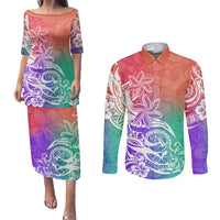 Polynesian Sunset Plumeria Couples Matching Puletasi Dress and Long Sleeve Button Shirts Pacific Island Tribal Blossom Style LT9 - Wonder Print Shop