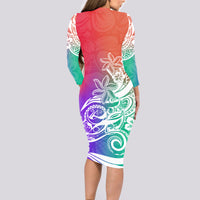 Polynesian Sunset Plumeria Long Sleeve Bodycon Dress Pacific Island Tribal Blossom Style - Wonder Print Shop