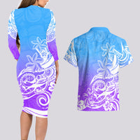 Polynesian Sunset Plumeria Couples Matching Long Sleeve Bodycon Dress and Hawaiian Shirt Pacific Island Tribal Blue Style LT9 - Wonder Print Shop