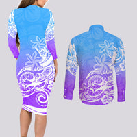 Polynesian Sunset Plumeria Couples Matching Long Sleeve Bodycon Dress and Long Sleeve Button Shirts Pacific Island Tribal Blue Style LT9 - Wonder Print Shop