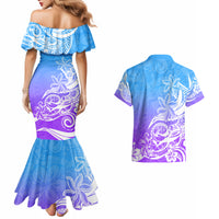 Polynesian Sunset Plumeria Couples Matching Mermaid Dress and Hawaiian Shirt Pacific Island Tribal Blue Style LT9 - Wonder Print Shop