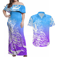 Polynesian Sunset Plumeria Couples Matching Off Shoulder Maxi Dress and Hawaiian Shirt Pacific Island Tribal Blue Style LT9 - Wonder Print Shop