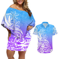 Polynesian Sunset Plumeria Couples Matching Off Shoulder Short Dress and Hawaiian Shirt Pacific Island Tribal Blue Style LT9 - Wonder Print Shop