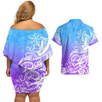 Polynesian Sunset Plumeria Couples Matching Off Shoulder Short Dress and Hawaiian Shirt Pacific Island Tribal Blue Style LT9 - Wonder Print Shop