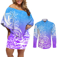 Polynesian Sunset Plumeria Couples Matching Off Shoulder Short Dress and Long Sleeve Button Shirts Pacific Island Tribal Blue Style LT9 - Wonder Print Shop