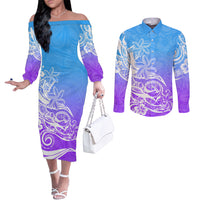 polynesian-sunset-plumeria-couples-matching-off-the-shoulder-long-sleeve-dress-and-long-sleeve-button-shirts-pacific-island-tribal-blue-style
