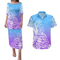 Polynesian Sunset Plumeria Couples Matching Puletasi Dress and Hawaiian Shirt Pacific Island Tribal Blue Style LT9 - Wonder Print Shop