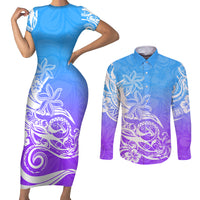 Polynesian Sunset Plumeria Couples Matching Short Sleeve Bodycon Dress and Long Sleeve Button Shirts Pacific Island Tribal Blue Style LT9 - Wonder Print Shop