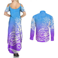 Polynesian Sunset Plumeria Couples Matching Summer Maxi Dress and Long Sleeve Button Shirts Pacific Island Tribal Blue Style LT9 - Wonder Print Shop