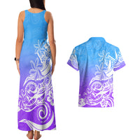 Polynesian Sunset Plumeria Couples Matching Tank Maxi Dress and Hawaiian Shirt Pacific Island Tribal Blue Style LT9 - Wonder Print Shop